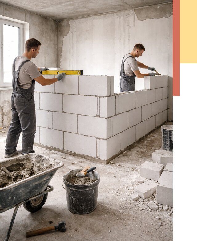 Кладка перегородок из ПГП в Советской Гавани от 2597 руб./м2 — монтаж и возведение под ключ | ОТДЕЛОЧНИК-Свс