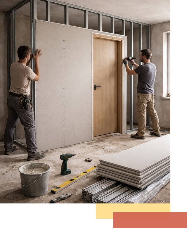 Перегородка из гипсокартона с дверью под ключ в Советской Гавани