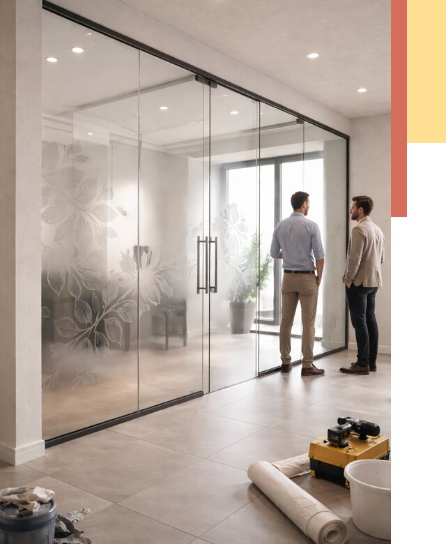 Стеклянные перегородки с рисунком в Советской Гавани от 12986 руб. монтаж и нанесение | ОТДЕЛОЧНИК-Свс