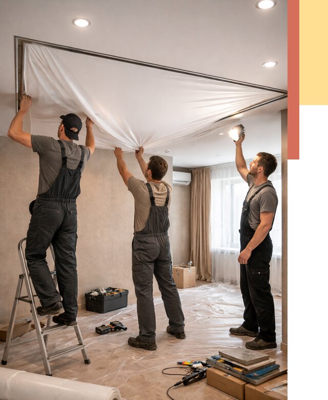 Монтаж ПВХ натяжного потолка в Советской Гавани от 3636 руб. под ключ | ОТДЕЛОЧНИК-Свс