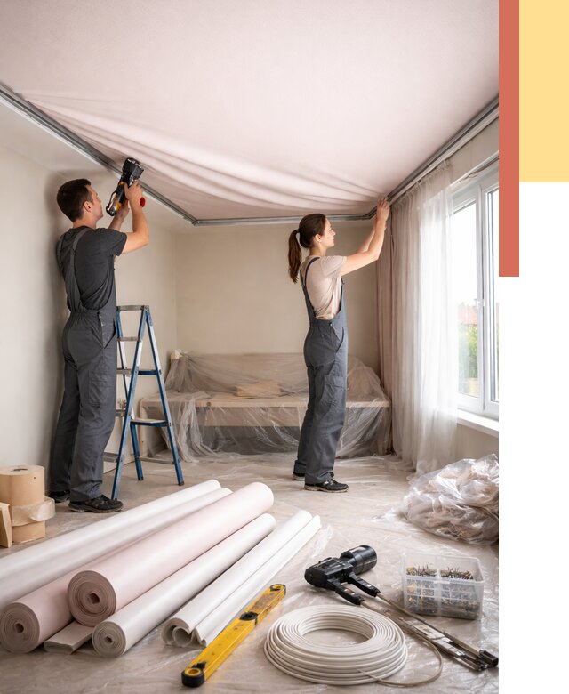 Монтаж цветного натяжного потолка в Советской Гавани от 4363 руб/м² — быстро и недорого | ОТДЕЛОЧНИК-Свс