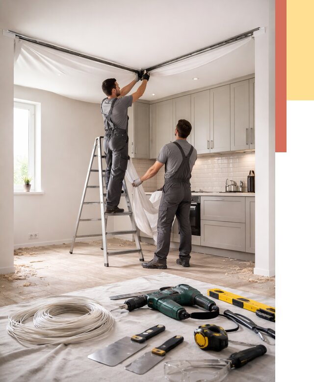 Установка натяжного потолка на кухне в Советской Гавани от 2493 руб. | ОТДЕЛОЧНИК-Свс