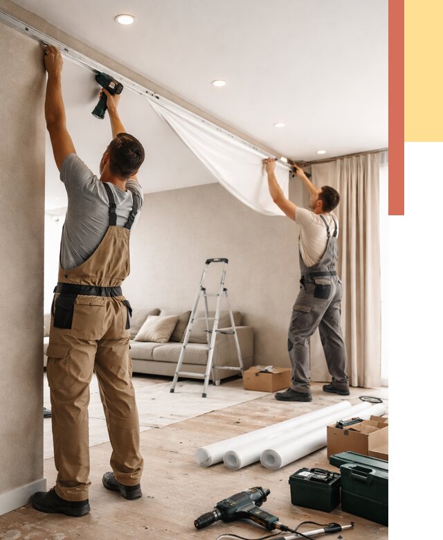 Монтаж натяжного потолка в гостиной в Советской Гавани от 571 руб. | ОТДЕЛОЧНИК-Свс