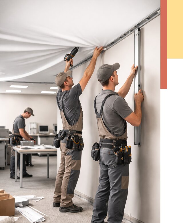 Монтаж натяжного потолка в офисе в Советской Гавани от 468 руб/м² — быстро и недорого | ОТДЕЛОЧНИК-Свс