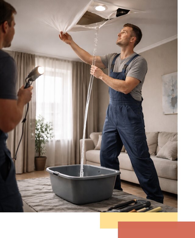 Слив воды с натяжного потолка в Советской Гавани быстро и аккуратно