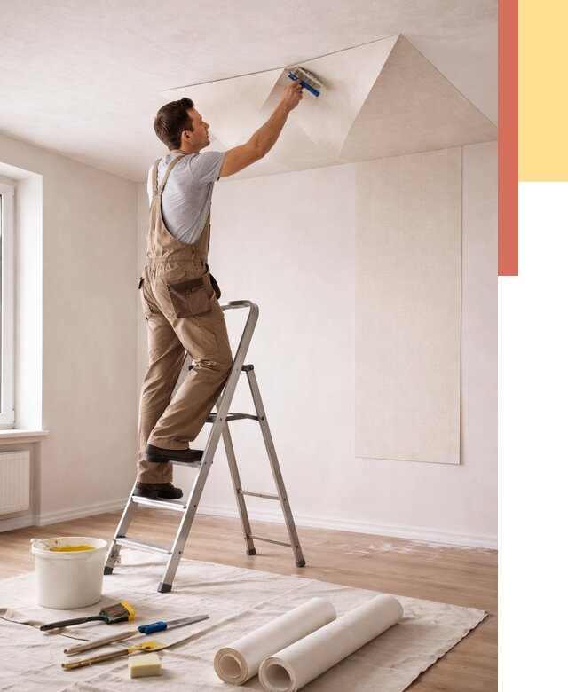 Поклейка обоев на потолок в Советской Гавани от 4675 руб. быстро и недорого | ОТДЕЛОЧНИК-Свс